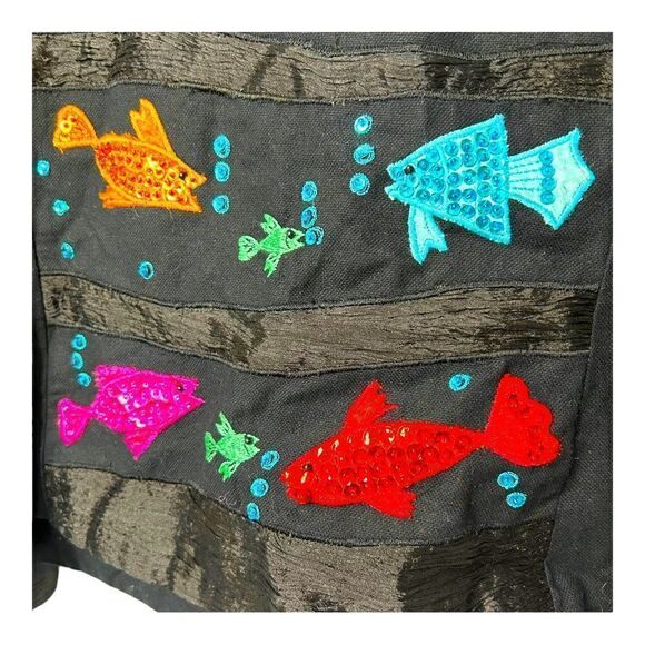PATCHINGTON Black Blazer Pink Blue Orange Embroidered Sequence Fish Womens M - Picture 4 of 6
